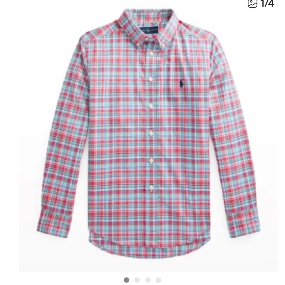 Ralph Lauren Poplin Boy’s Pink and Blue Plaid Button-Down Shirt size large 14-16